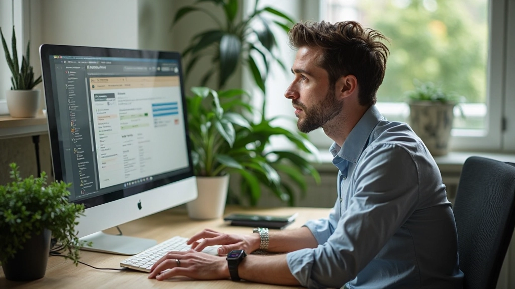 Designer kijkt naar prototype op computerscherm in kantooromgeving