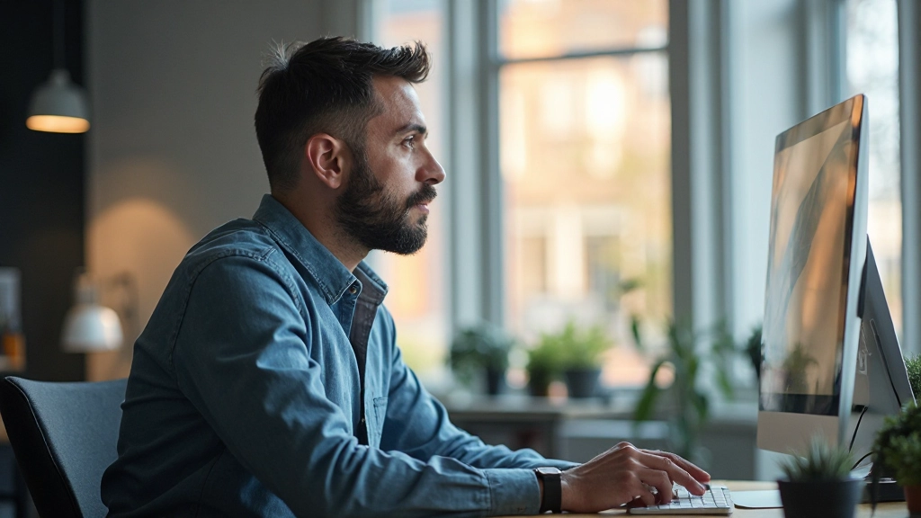 Designer analyseert prototype feedback op groot scherm in kantoor