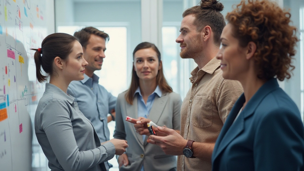 Team discussieert en overloopt feedback notes op whiteboard met verschillende kleurcodes