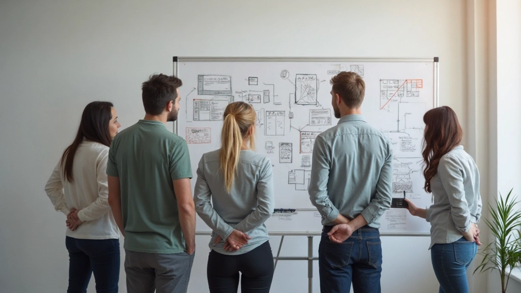 Team van ontwerpers en developers werken samen aan prototype op whiteboard