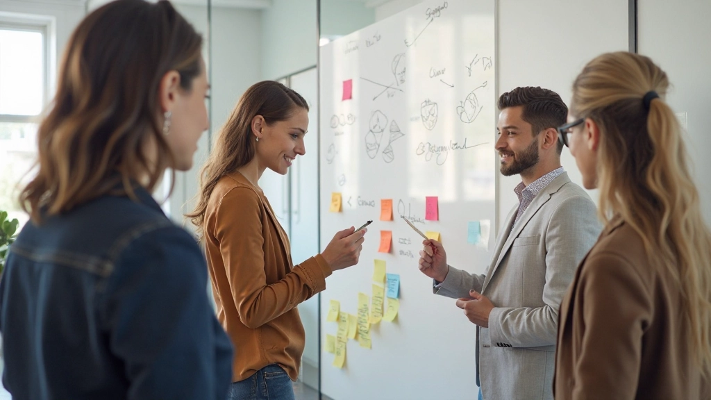 Team werkende op whiteboard met post-its en ontwerp sketches