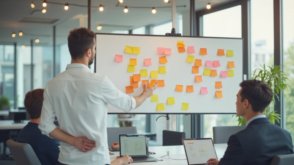 Agile board met user stories en feedback items op sticky notes georganiseerd in kolommen