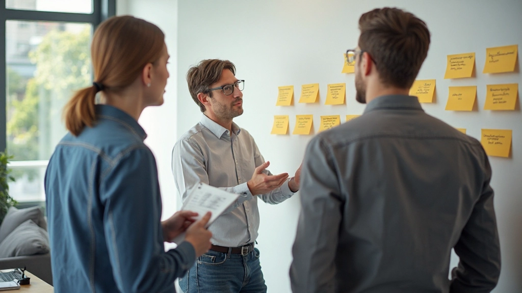 Team discussie over prototype feedback op whiteboard met post-its